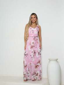 Vestido longo REGATA de tule estampado floral sem bojo todo forrado ate joehlo festa casual - Rosa - Visão 6