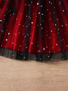 Young Girl' Contrast Mesh Shawl Strap Mesh Dress, Spring/Summer - Red and Black - View 9