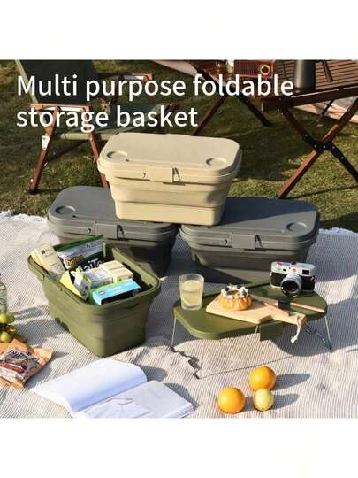 1pc Large Capacity Portable Foldable Picnic Basket With Lid, Suitable For Camping, Outdoor Trips And Picnics, Can Be Used As Tabletop Fruit Plate Or Washing Bowl