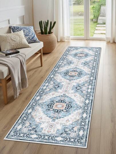 1PC Grey Rugs,Bohemian Style, Crystal Velvet Jelly Base Runner Rug,800gsm, Non-Slip Backing, Area Rug, Mat For Living Room, Carpet For Bedroom, Machine Washable Low-Pile, Kitchen Hallway Dining Office, All-Season