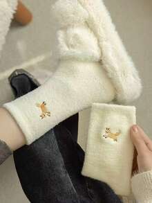 4 Pairs Coral Fleece Socks For Women, Fluffy Soft Cute Cartoon Thick Warm Sleeping Floor Socks, Assorted