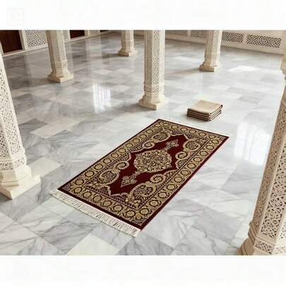 1pc Vintage Red & Gold Floral Prayer Mat, Classic Portable Foldable Prayer Rug, Soft Bottom With Sponge Padding Approx. 1cm Thick, Classic Design, Soft & Thick, Polyester, Machine Washable, Suitable For Indoor/Outdoor Use, Great For Study, Ramadan, Worship And Other Activities