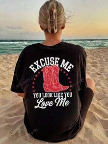 EXCUSE ME Ladies' Summer Street Red Boot Pattern Personalized Print Pattern Round Neck T-Shirt Western Style Clothing Women's Top. Graphic Tees Women Pink Top-White And Navy Off-The-Shoulder Cropped Top- Unisexideal Para Amigos - 黑色 - 查看 12