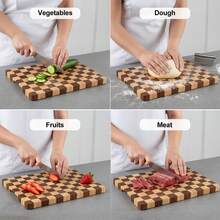 1pc Checkered Cutting Board – Made Of Durable Rubber Wood – Rectangular Vintage Design – Thickened For Heavy-Duty Use – Ideal For Chopping Vegetables And Home Kitchen Prep - Brown - View 5