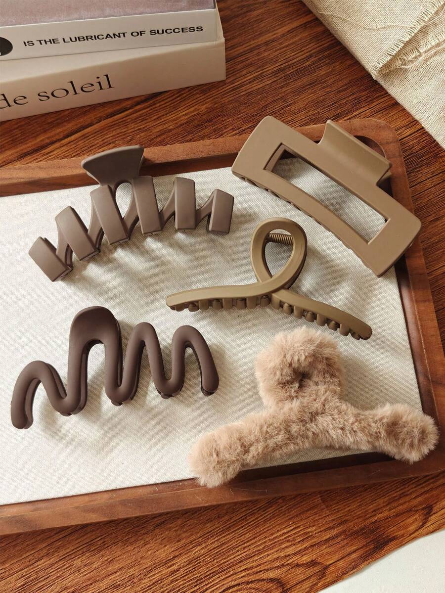 5pcs/1pc 4.64in/11.8cm Brown Solid Warm-Tone Square, Rib, Cross, Curved, Plush Hair Clips, Fashion Versatile High-End Elegant Simple Minimalist Solid Color Hair Claws, Suitable For Daily Outing, Casual, Party, Commute, Vacation, Ponytail, Bun, Face Washing, Makeup, Outfit Matching Accessories Elegant Claw Clips - Brown - View 1
