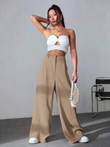 Pantalones Caqui De Pierna Ancha Lisos - Caqui - Ver 5