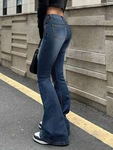 Women's Stretch Slim Fit Mid-Rise Flare Jeans With Side Pockets, Slimming & Stylish Trousers - Rửa tối - Xem 3