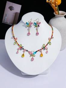 2pcs/Set Rainbow Gradient Gemstone Butterfly Necklace & Earrings Set, Tassel Pendant Choker Necklace, Luxury Jewelry For Date & Casual Wear - Multicolor - View 8