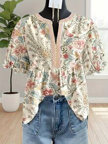 Vintage Puff Bell Sleeve Blouse - Short Regular Length Non-Stretch Top, Casual Elegant Year-Round Wear, Easy Care For Dressesers/Wardrobe, Timeless Retro For To Semi-Formal Events - [多色的] - 查看 2