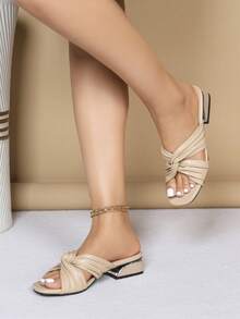 Apricot Women's High Heel Sandals, Chunky Heel, Fashion Versatile Comfortable Round Toe Casual Outdoor Flat Sandals - Apricot - View 2