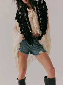 Women Vintage Western Fringe Vest Shawl Cowboy Cowgirl Clothes 70s Hippie Vest Tassel Country Concert Fringe Tops Shirts - màu đen - Xem 4