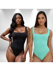 SET OF 2 Women's Square Neck Tank Top Bodysuits With Thin Straps In Spandex - BLACK aND AQUA GREEN - View 1