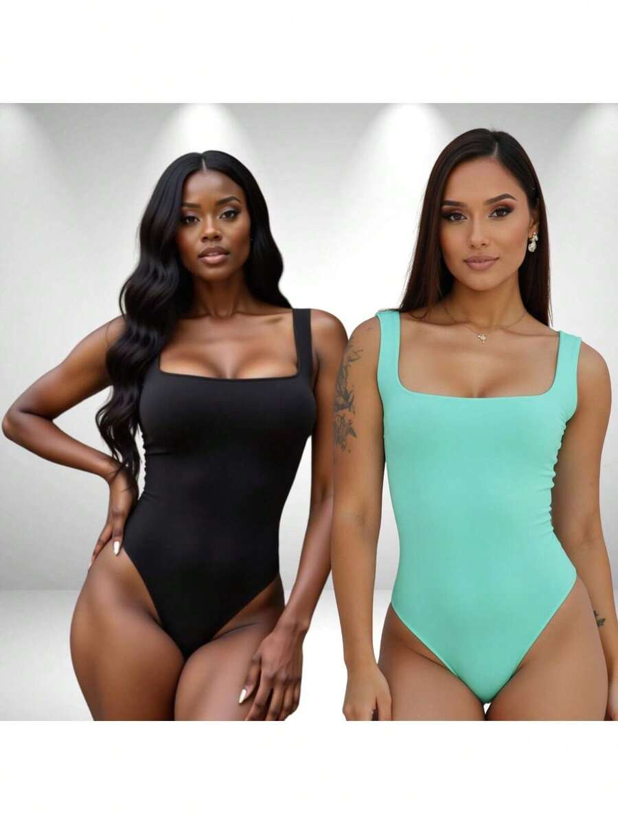SET OF 2 Women's Square Neck Tank Top Bodysuits With Thin Straps In Spandex - BLACK aND AQUA GREEN - View 1