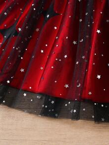 Young Girl' Contrast Mesh Shawl Strap Mesh Dress, Spring/Summer - Red and Black - View 11