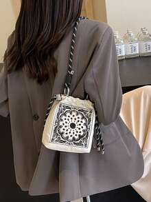 可爱刺绣帆布水桶单肩斜挎包，防水尼龙时尚手提包，腰果花刺绣，可拆卸肩带 - 彩色 - 查看 11