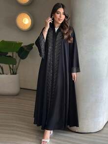 Hafizah Modest Fashion Rhinestone Embellished Black Loose Abaya Cardigan For Women - Black - View 2