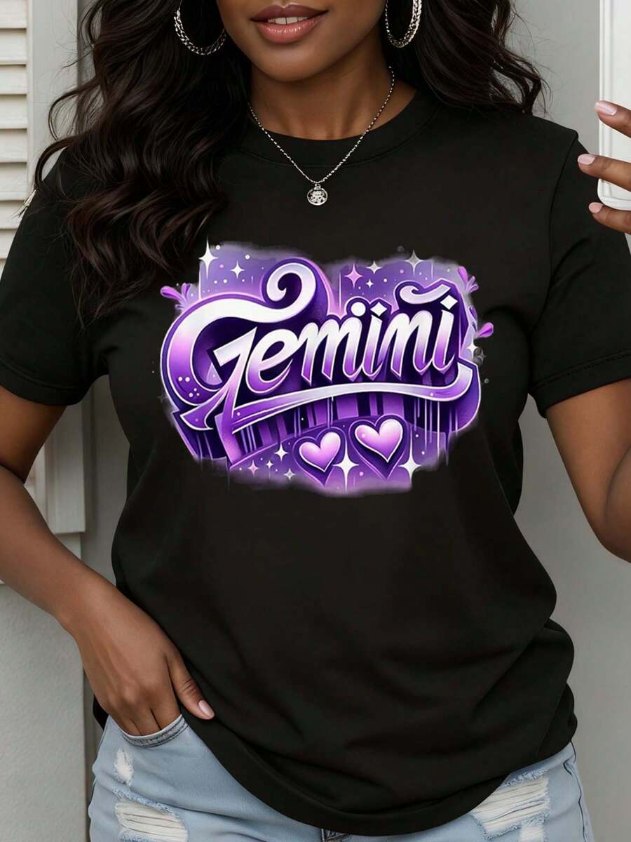 Gemini Zodiac Sign Shirt Purple Starry Design For Women Astrology Gift T-Shirt Fashion Statement Top Casual Wear Birthday Present - 黑色 - 查看 1