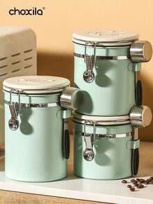 choxila 1pc 1.2L/1.5L/1.8L Mint Green Coffee Container, Coffee Bean Jar, Tea Jar, Large-Capacity Airtight Storage Jar, Stainless Steel Kitchen Food Storage Container With Date Tracker And Scoop, Coffee Accessories For Ground Coffee, Coffee Beans, Tea, Sugar, Flour And Cereal, Suitable For Kitchen Storage And Organization