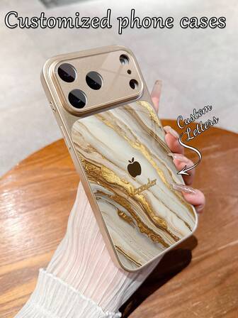 1pc Customized Name, Gold Marble Texture Apple Design Luxury Fashion Large Window Tempered Glass With Lens Protection Matte Finish Phone Case Compatible With IPhone 17/17Pro/17ProMax/17Air/16/16Pro/16ProMax/16Plus/15/15Plus/15Pro/15ProMax/14/14Plus/14Pro/14ProMax/13/13Pro/13ProMax/12/11 Phone Accessories, Full Coverage High-End Protective Cover