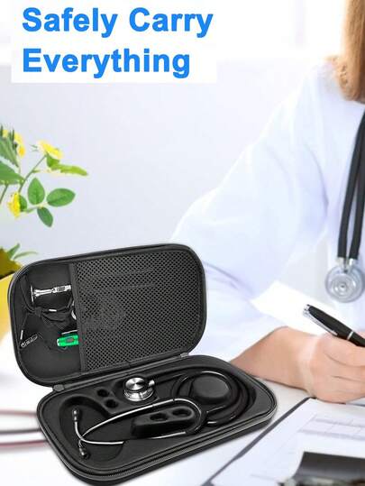 Estuche de almacenamiento portátil, caja para estetoscopio de material EVA, estuche rígido de transporte, adecuado para todos los estetoscopios, suministros de viaje al aire libre, artículos de organización del hogar, caja de almacenamiento médico/bolso médico diario/adecuado para estetoscopios clínicos y modelos similares, el espacio interno puede acomodar instrumentos y accesorios, incluye solo el estuche del estetoscopio, bolsa portátil de transporte a prueba de golpes para estetoscopio, adecuado para enfermeras, médicos y estudiantes de medicina.