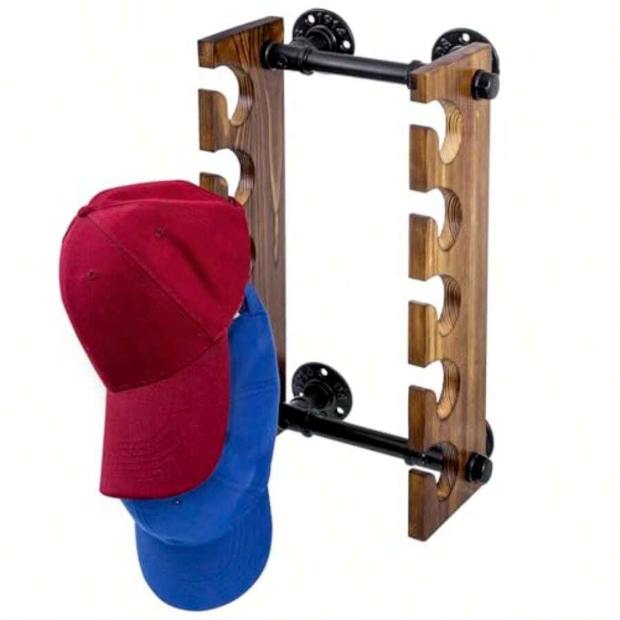 MyGift Urban - Organizador industrial para colgar en la pared con soportes colgantes de madera quemada maciza y montaje en tubo de metal realista 10 ranuras para colgar gorras de béisbol - Maderaquemadanegro - Ver 1