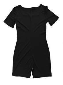 Casual Short Sleeve Plaid V-Neck Fitted Jumpsuit, Fabric With Small Holes, Suitable For Spring/Summer Women Black - Black - View 4