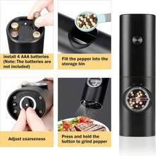 2pcs Electric Salt And Pepper Grinder Set, Adjustable Coarseness, Automatic Salt And Pepper Grinder With Base, Reusable, One-Handed Operation, Pepper Grinder Refillable, Suitable For Kitchen, Camping, BBQ, Kitchen Gadget, Kitchen Accessories, Electronic Spice Grinder With Decorative Base - Black - View 10