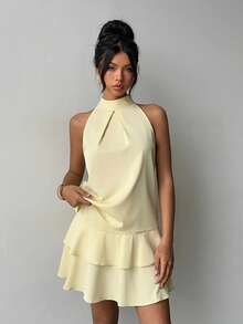 女士浅黄色无袖衬衫，立领蘑菇扣设计，百搭、优雅、时尚、休闲，适合日常穿着和度假，春夏皆宜。 - 淡黃色 - 查看 7