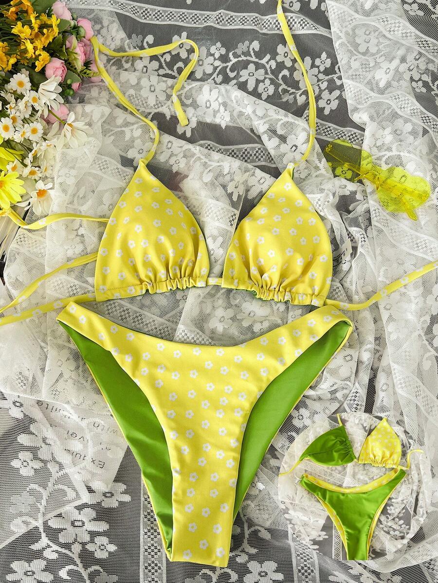 女士新款可爱黄色碎花双面绿色比基尼套装，深V领系带露背泳衣 - 彩色 - 查看 1