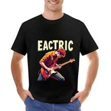 T-Shirt Da Uomo A Maniche Corte In Cotone Con Design Retrò Di Chitarra Elettrica, Scritta "ELECTRIC" In Giallo Acceso Su Sfondo Nero, Stile Pop Art, Vestibilità Ampia In Stile Retr - 後七 - 查看 6