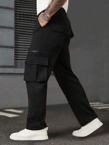 Plus Size Men's Casual Solid Color Cargo Pants - Black - View 4