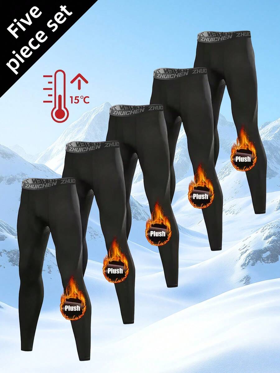 5-Pack Men's Fleece-Lined Thermal Leggings | Warm Base Layer Athletic Pants For Cold Weather (Winter/Gym/Outdoor) Men's 5-Pack Fleece Thermal Base Layer Leggings