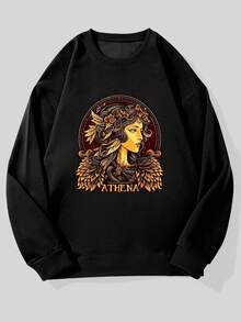 Men's Casual Crew Neck Sweatshirt With Athena Pattern - 黑色 - 查看 1