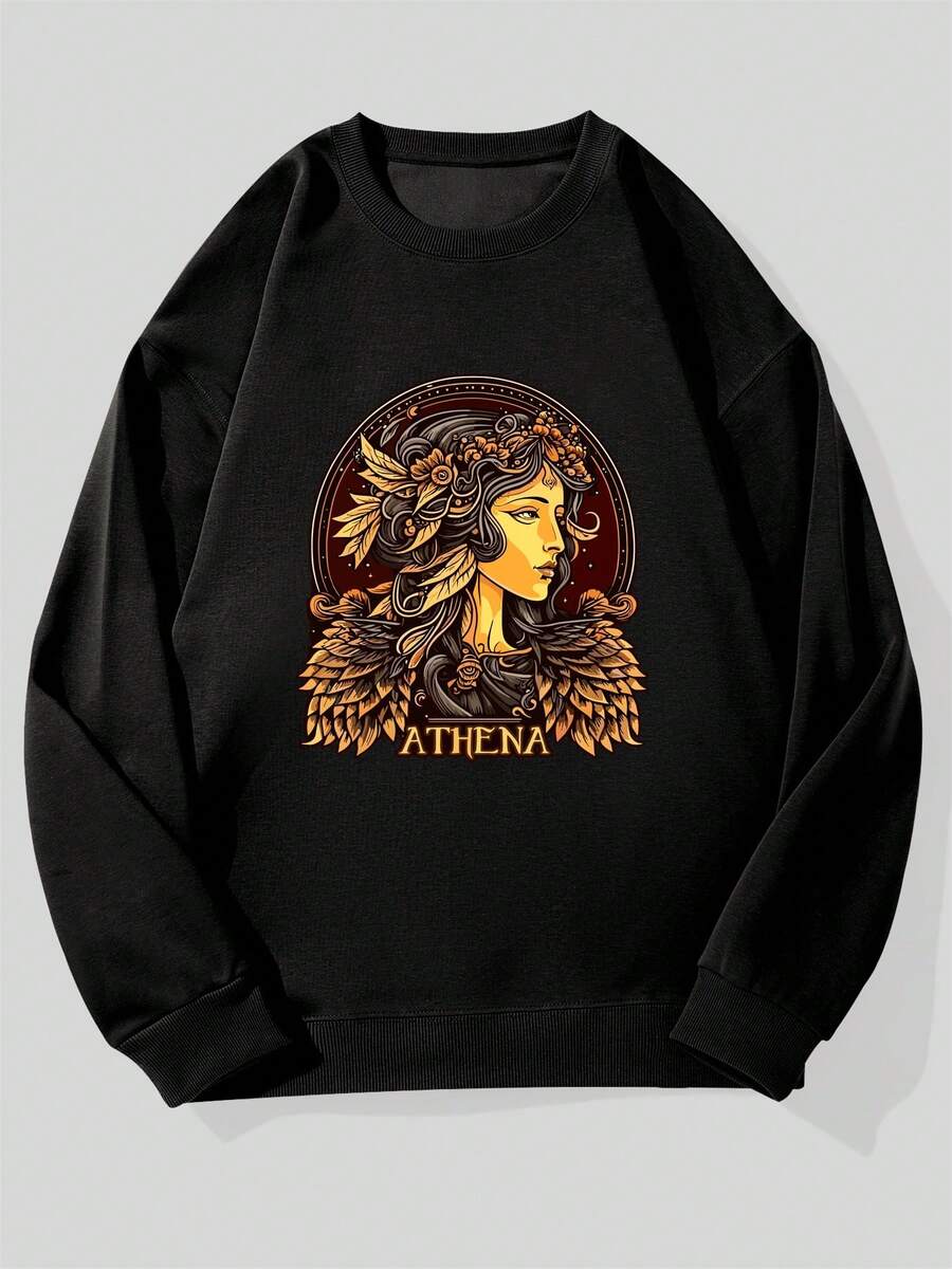 Men's Casual Crew Neck Sweatshirt With Athena Pattern - 黑色 - 查看 1