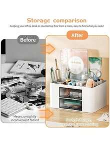1 pieza Caja organizadora de escritorio con soporte para bolígrafos y 2 cajones, caja de almacenamiento de artículos de papelería para escritorio, adecuada para escritorio, cosméticos, suministros de oficina, para oficina, hogar, escuela