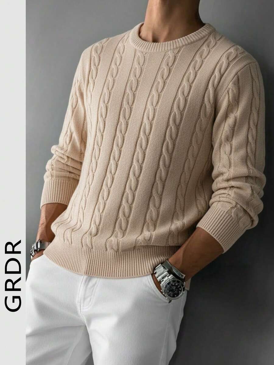 GRDR Men's Casual Twist Floral Pattern Crew Neck Long Sleeve Knit Sweater