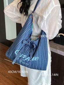 Túi xách đeo vai hai mặt cỡ lớn, kiểu dáng Hàn Quốc, kẻ sọc, thích hợp sử dụng hàng ngày, đi làm, đi mua sắm cho nữ. - Màu xanh lam - Xem 5