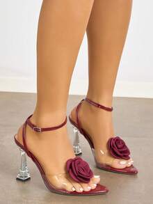 女士高跟鞋，时尚透明亚克力尖头露跟凉鞋，饰有螺旋花朵，优雅奢华的玫瑰红高跟鞋，适合派对、宴会、户外活动 - 玫瑰紅 - 查看 4