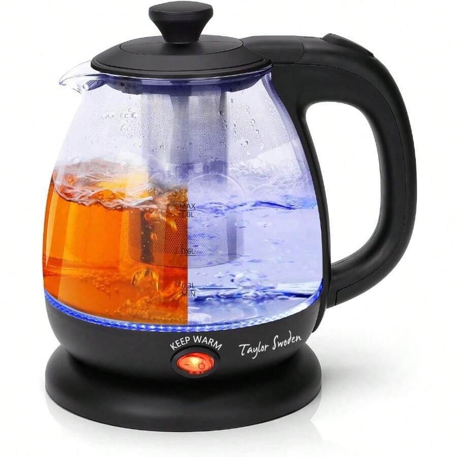 Taylor Swoden Electric Kettle with Tea Infuser 1L Small Electric Tea Kettle with Keep Warm LED Light Hot Water Boiler and Heater for Coffee and Tea Auto Shut-Off and Boil Dry Protection BPA Free Black - Negro - Ver 1