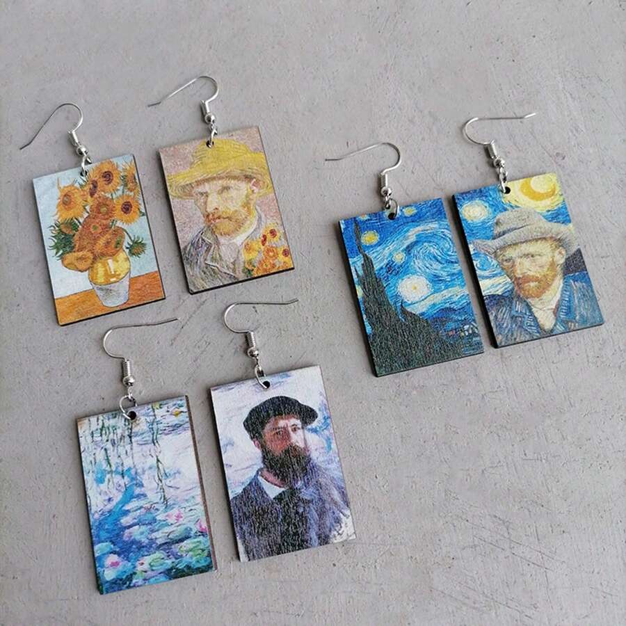 1 par de pendientes de madera con el patrón de pintura de la Noche estrellada y los Girasoles de Van Gogh - Multicolor - Ver 1