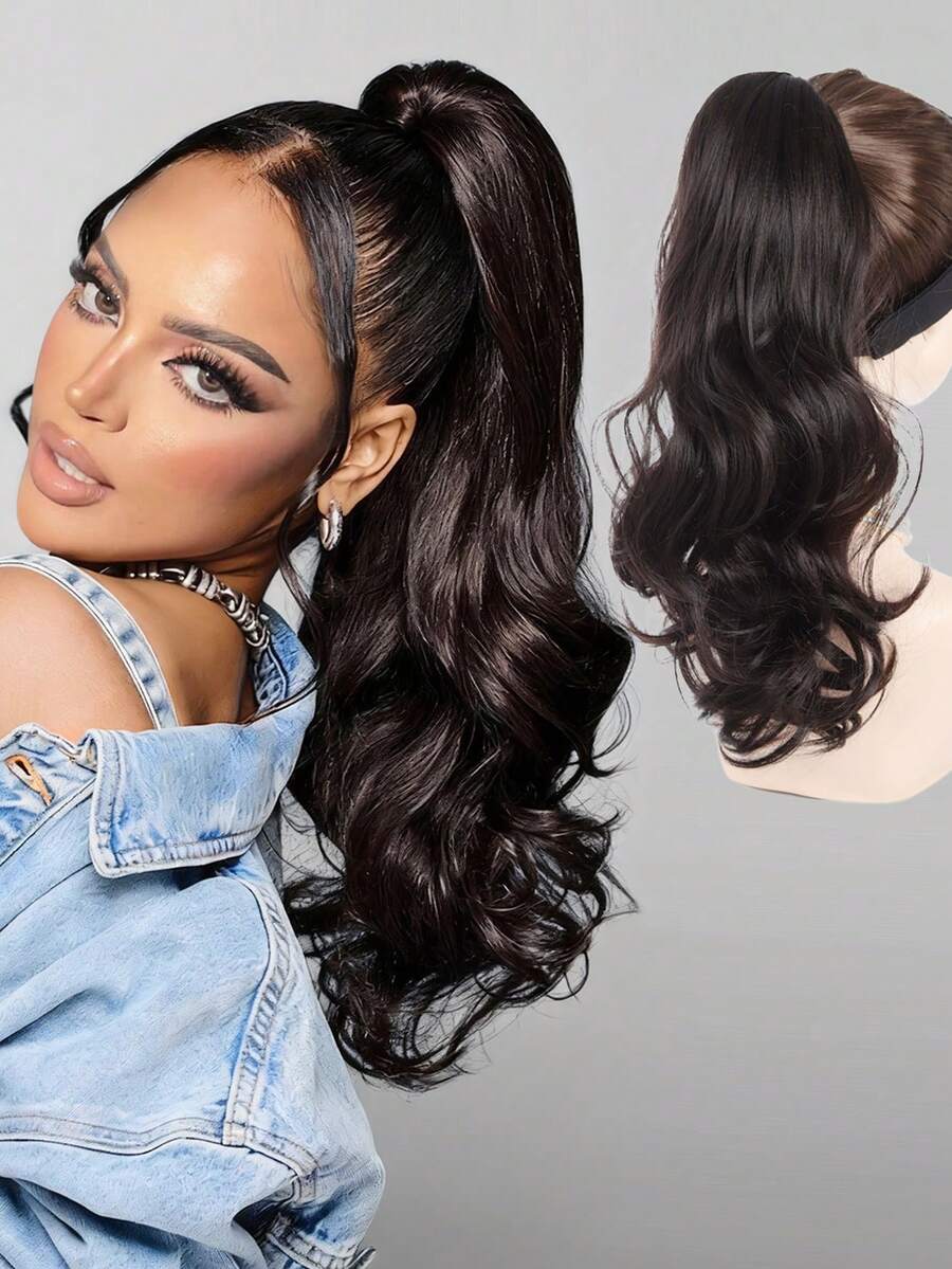 爪夹式马尾接发，卷曲波浪长马尾接发，合成假发，适合女性日常佩戴，16英寸深波浪耐热合成马尾接发，爪夹式，圣诞节、音乐节、狂欢节、节日和中国新年礼物 - 彩色 - 查看 1