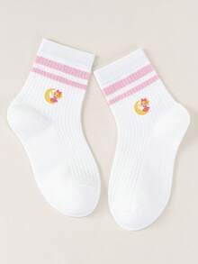 1/5 双儿童粉白卡通图案袜子，中筒竖条纹，印有可爱月亮图案，日常休闲风格 - 彩色 - 查看 6