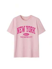 Envío gratis, entrega local enéxico, entrega en 4 días.Camiseta holgada de verano para mujer con estampado de letras, casual y versátil para uso diario.Camiseta gráfica, vacaciones - Rosa - Ver 2