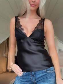 Women's Lace Patchwork Satin Tank Top Deep V Neck Sleeveless Open Back Cut Out Camisole Spring Summer Slim Fit Crop Tops Teen Girls Going Out Streetwear - 黑色 - 查看 5