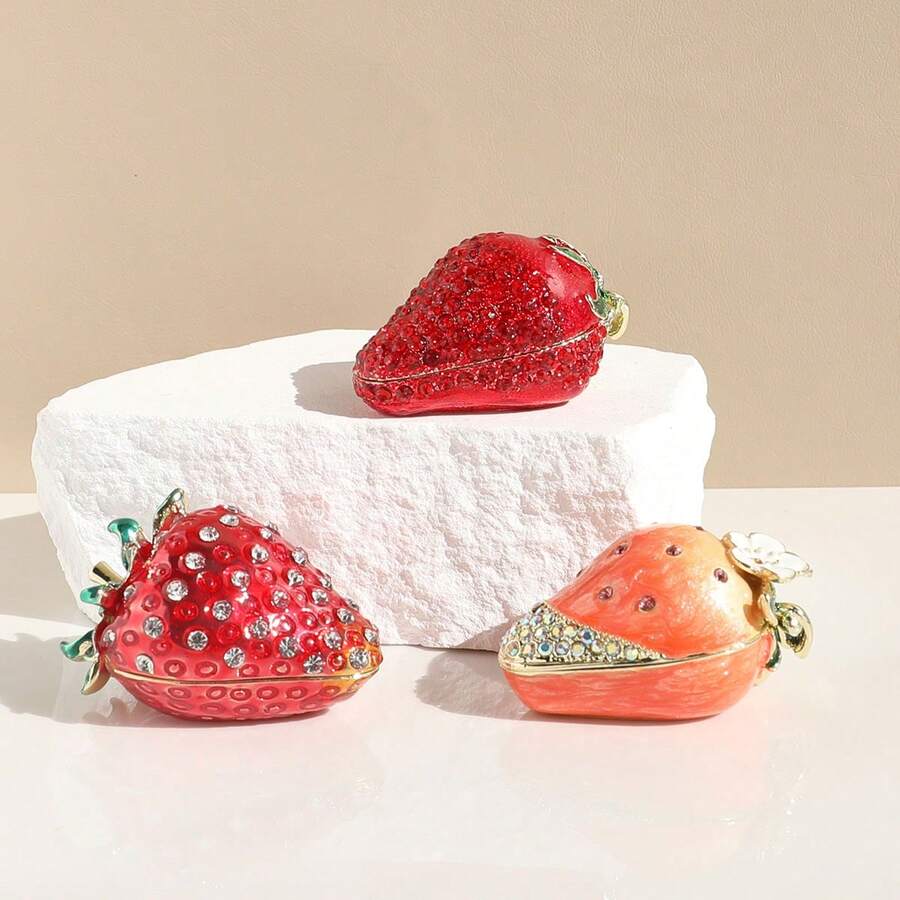 SIQIZHOU 1 hộp đựng trang sức men hình quả dâu tây cổ điển - Hộp đựng đồ du lịch bằng kim loại hình bầu dục có khóa từ tính, hộp đựng bông tai, nhẫn, vòng tay, dây chuyền để bàn di động, trang trí đính đá, hộp quà tặng đựng bông tai, nhẫn cao cấp kiểu INS, hộp đựng đồ trang sức hình răng. - Nhiều màu - Xem 1