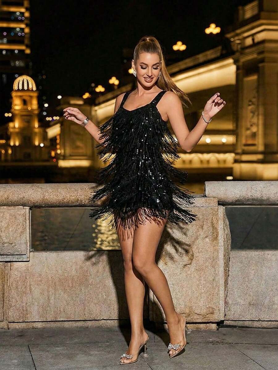 CHOSMO Đầm nữ kiểu dáng mới, màu trơn, lấp lánh, sang trọng, hở lưng đính sequin và tua rua, thích hợp cho khách dự đám cưới, tiệc tùng, sinh nhật, kỷ niệm, lễ tốt nghiệp, tiệc cocktail ngày lễ, tiệc tối trang trọng, chụp ảnh, dạ hội, du lịch, biểu diễn sân khấu mùa xuân. - đen - Xem 1