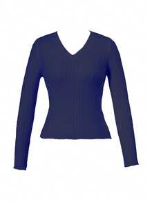 Y2K Style Women's Casual Soft V-Neck Long Sleeve Fitted Cropped Textured Knit Pullover Sweater, Basic, Autumn/Winter - Navy Blue - View 2