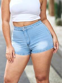 Sexy High-Waist Stretch Denim Shorts – Casual Chic Slim Fit Hotpants Pocket Casual And Simple Daily Wear, Stretch Cotton Fabric, Soft And Comfortable,Suggest Taking A Bigger Size. - 淺色水洗藍 - 查看 4