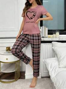 两件套心形印花粉色短袖格子裤睡衣套装，女士休闲家居服 - 粉色 - 查看 5