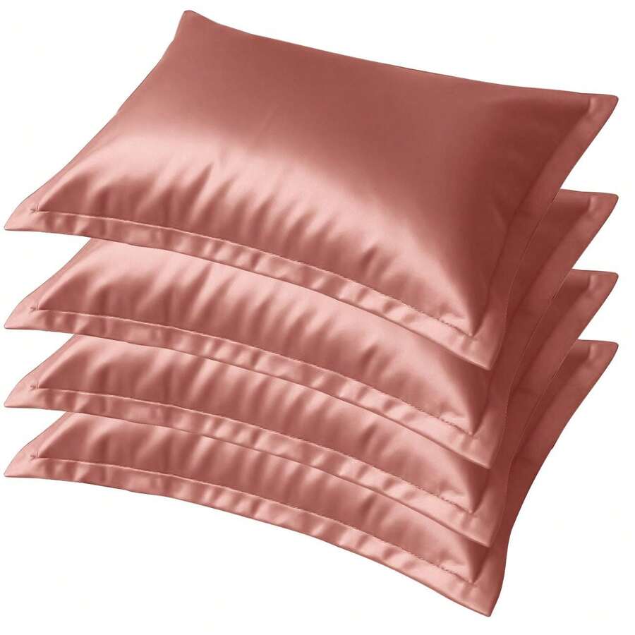 Kit 4 Satin Silk Pillowcases With 4 Flaps 50x70cm Anti-Frizz Pillow Cover For Soft Hair And Skin - 乾枯玫瑰色 - 查看 1
